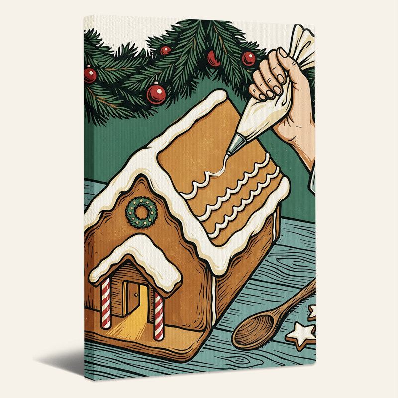 «Gingerbread House Being Decorated» avec art mural blanc sur toile de Noël, H 18 po x l 12 po