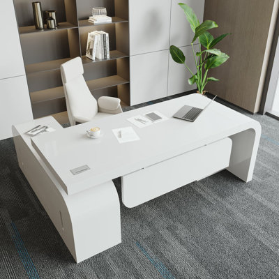 63'' L-Shaped White Desk Executive Desk With Ample Storage Right Hand