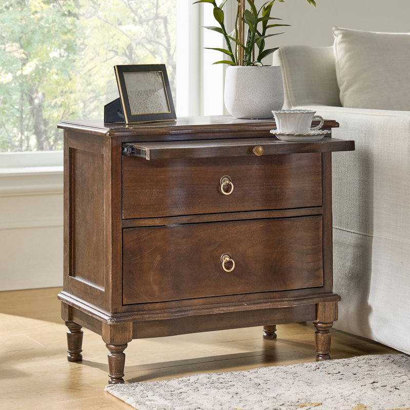 Elfine Traditional 26''W 2-Drawer Solid Wood End Table with Built-In Outlet and Curved Drawer Fronts, Walnut