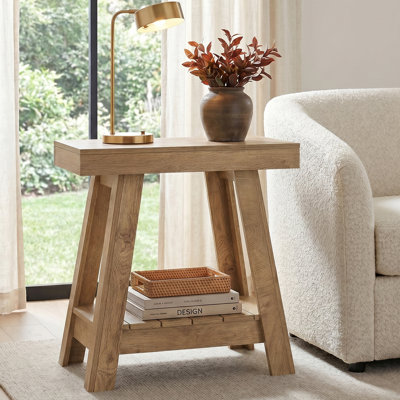 2-Tier Wooden End Table, Farmhouse Rustic Small Side Table with Storage for Living Room
