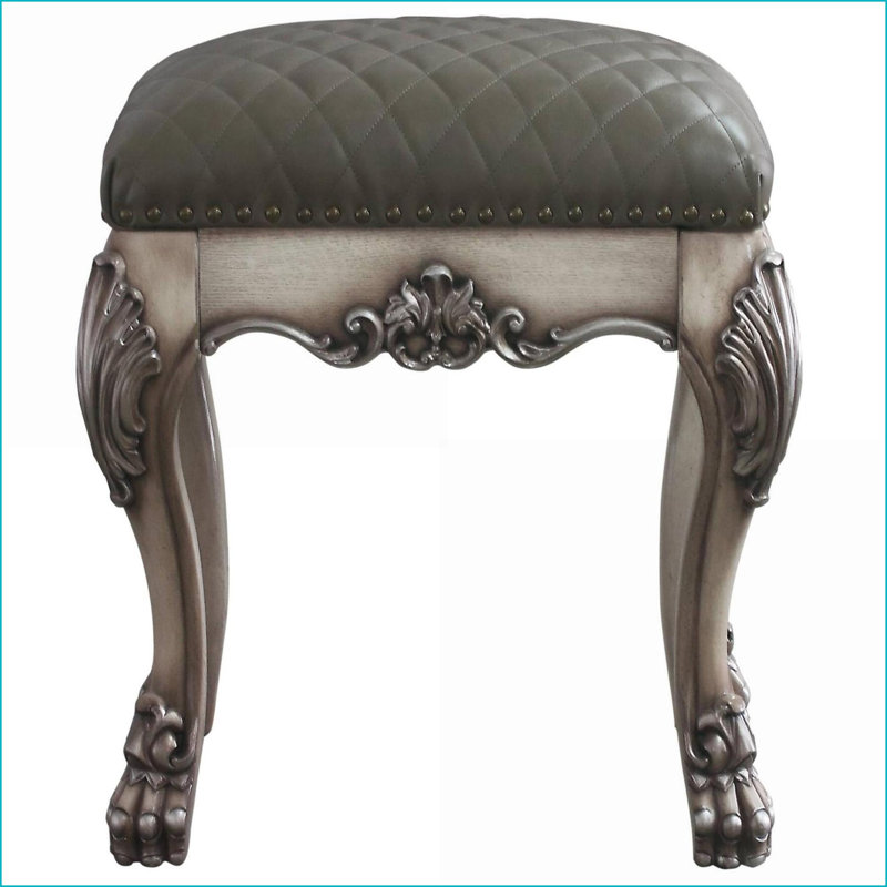 Tabouret de coiffeuse, finition ivoire rétro avec siège capitonné en similicuir gris ardoise | Similicuir | Gris ardoise