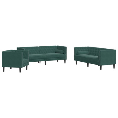  Chesterfield Sofa Set Dark Green Velvet 3-Seater