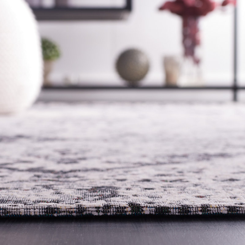 Modern Washable Black and Green 4' x 6' Wool-Cotton Blend Rug
