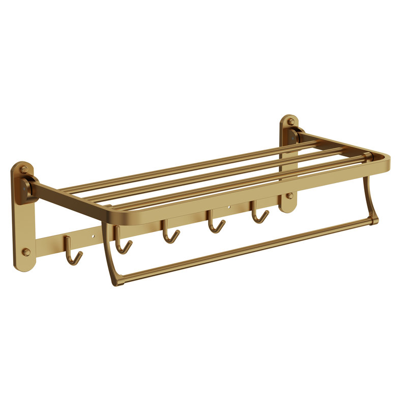 Wall Mounted Towel Rack With Towel Bar & Hooks, Brushed Gold