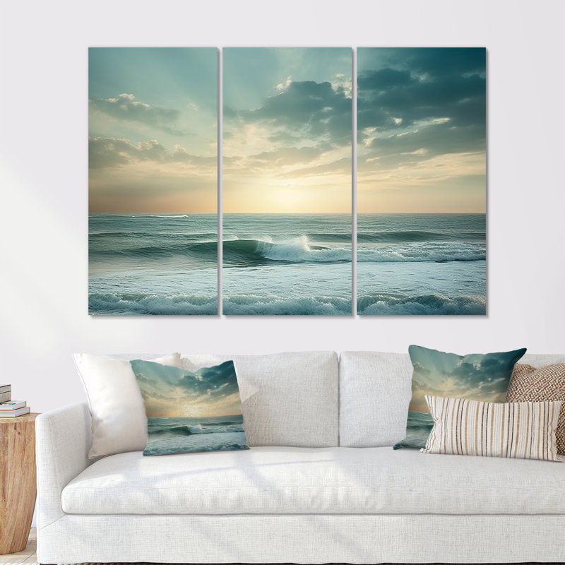 Vue de paysage côtier vagues - ensemble de salon d'art mural vagues côtières, H 40 po x l 60 po x P 1 po, Toile tendue