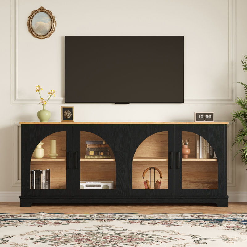 TV Stand For TV Up To 70", Spacious Storage Media Console, Semi-Arched Glass Doors, Modern Farmhouse, Living Room, Black