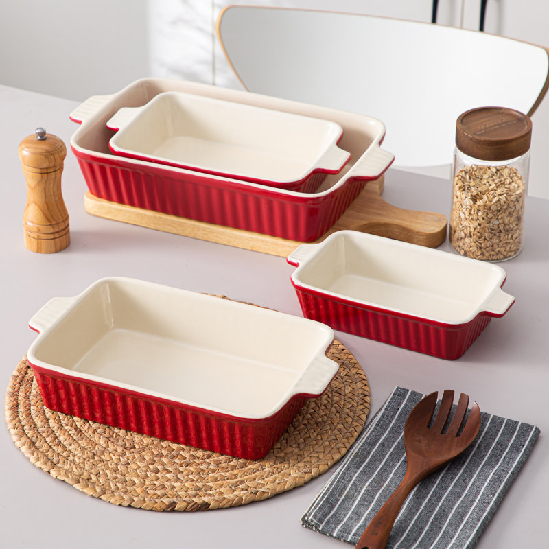 MALACASA 4 Piece Non-Stick Porcelain China Bakeware Set, Red