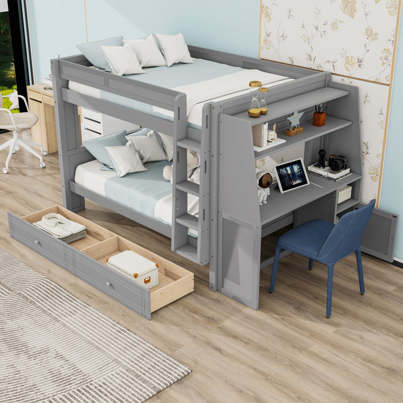 Lit superposé double au-dessus de 2 tiroirs avec bureau, tablettes et garde-corps, gris