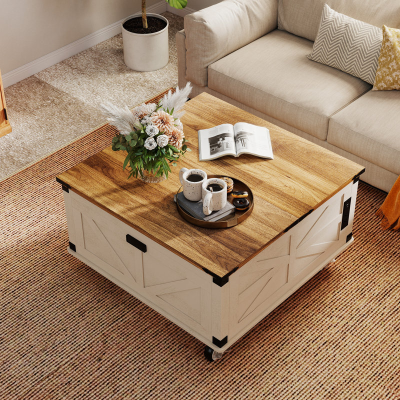 Rustic Farmhouse Square Dual Lift-Top Coffee Table for Living Room – Spacious Storage Cabinet, Built-In Charging Hub, Motion-Sensing Lights & Rolling Casters