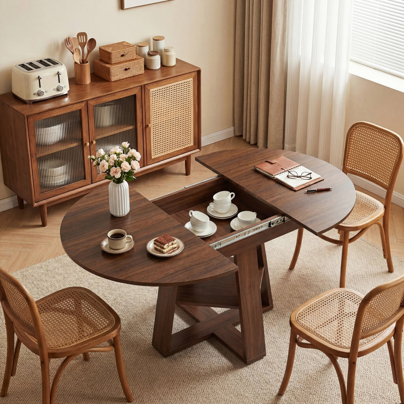 Space-Saving Extendable Round Dining Table with with Hidden Storage & Cross Base, Round Extendable Table for 4-8 People, Kitchen Table