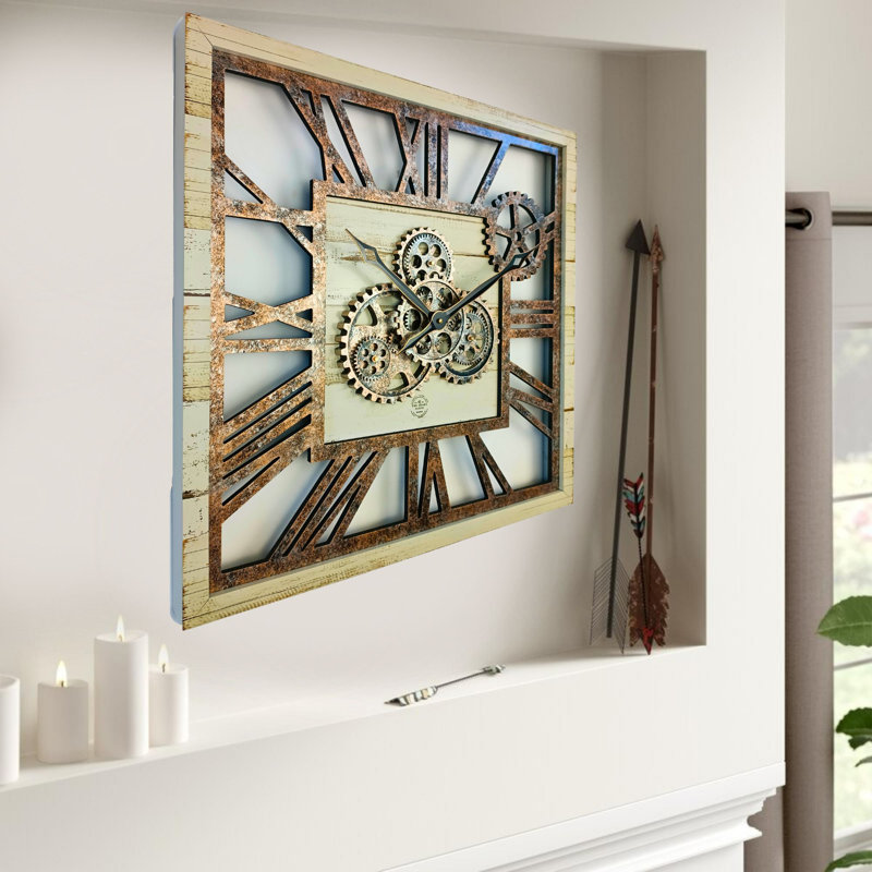 24'' Desert Beige Square Wall Clock with Real Moving Gears