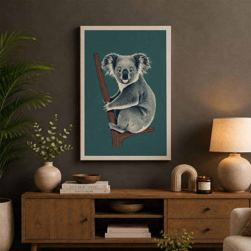 Koala on Branch Modern - Wrapped Canvas, 36x24 - 91.4 x 61.0 cm, Teal Border