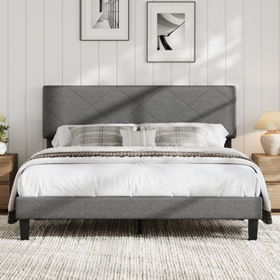 Noise-Free Upholstered Bed Frame – Queen Size Platform with Diamond Stitched Padded Headboard, Sturdy Wooden Slats, Easy Assembly, Modern Bedroom Furniture, Dark Grey Fabric, Q Size