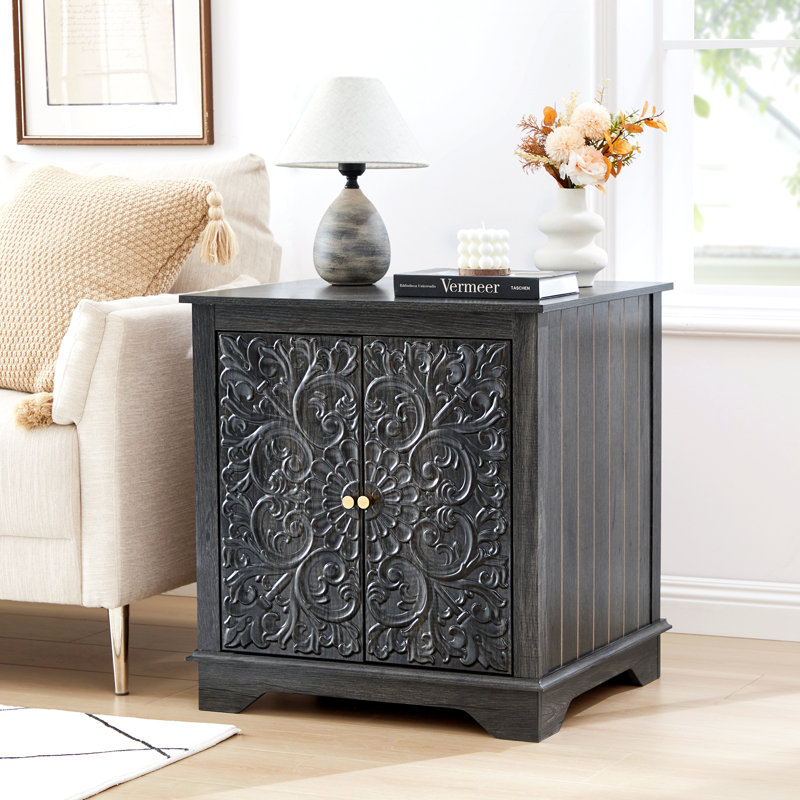 Farmhouse 25.59'' Tall Embossed Side Table Cabinet, Black