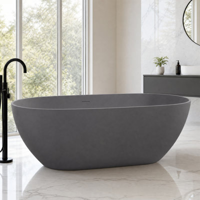 Baignoire autoportante en résine de pierre de 63 po, gris mat, trempage profond, dossier ergonomique, bonde escamotable et trop-plein