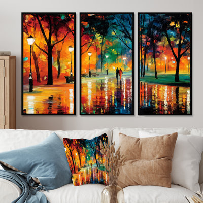 Colorful Couple Stroll In Rainy France  - Couple Wall Art Print Set