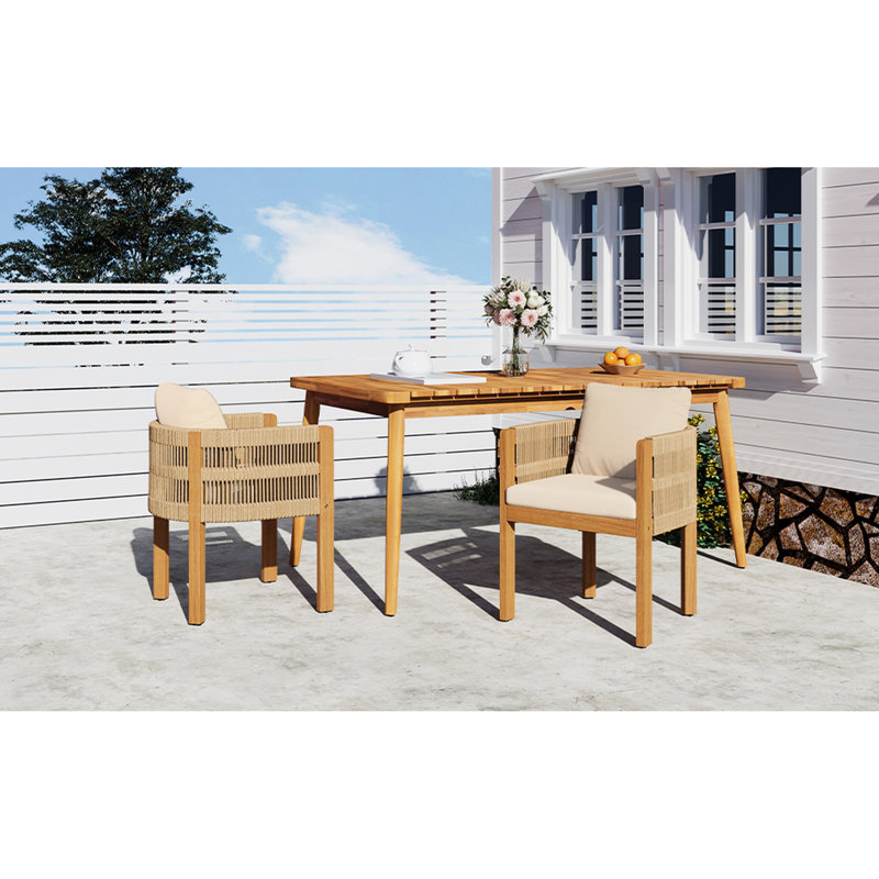 2 Outdoor Dining Chairs For Garden Meals, Wood Frame, Brown Rope Handles, Washable Waterproof Cushions, 400 Lbs Per Chair, Backyard Meal Area - Piece, Wood, Entertainment
