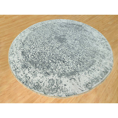 13'10" x 13'10" New Hand Knotted Grey Wool & Silk Round Oriental Rug