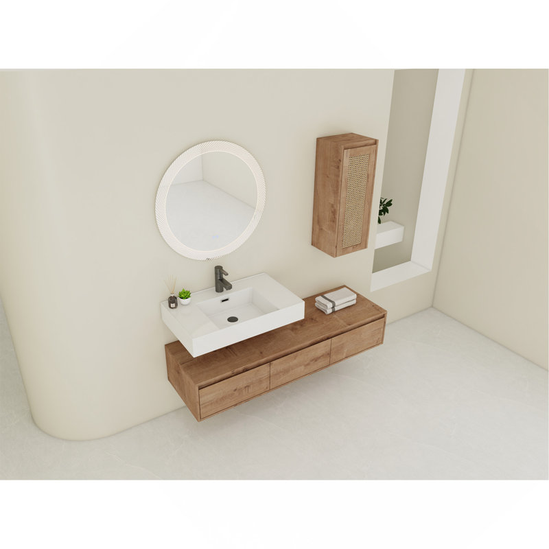 Meuble-lavabo mural 60 po avec lavabo en résine et armoire d'appoint 60 po, tiroir à fermeture en douceur, fixation à flotteur