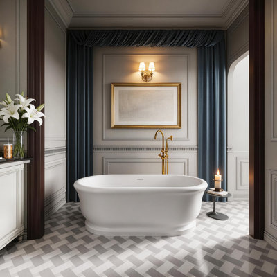 67" Freestanding Pedestal Solid Surface Soaking Tub, Matte White Oval Bathtub with Ergonomic Design