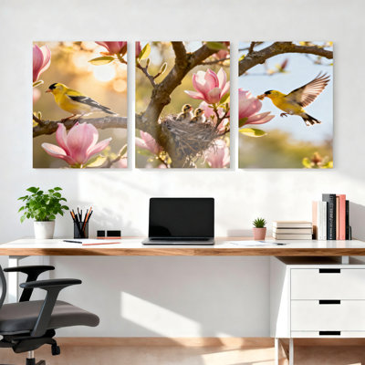 Ensemble de 3 tableaux sur toile représentant des pinsons dorés et des fleurs de magnolia rose, pour la décoration du salon, de la chambre ou du bureau.