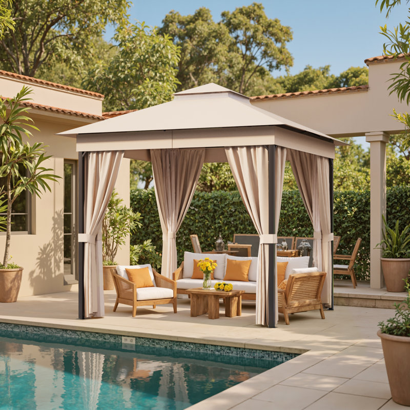 8 Ft. W x 8 Ft. D Soft Top Steel Patio Gazebo with 2-Tier Canopy and Zippered Mesh Netting for Outdoor, Patio, Garden, and Backyard Activities