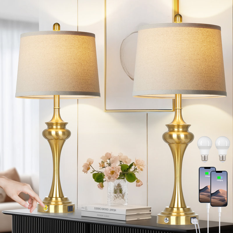 Modern 30'' Gold Table Lamp Set with USB & Type-C Ports, Oatmeal Linen Shade, Gold