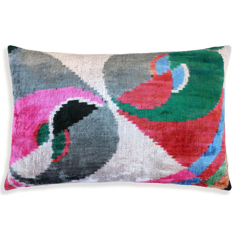 Coussin abstrait en velours de soie multicolore - fait à la main 16 po x 24 po