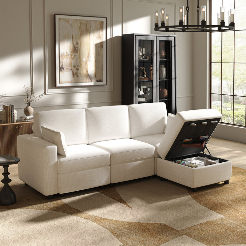 Catlin 4-Piece Corduroy Modular Storage Sectional Sofa With Versatile Tray, Back Pillows & Organizer Bag, White