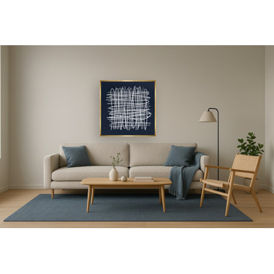 Golden Grid Abstract on Midnight Blue Canvas Wall Art - 39" x 39" - Gold Frame