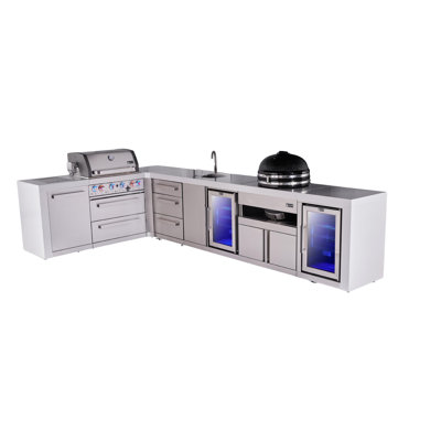 Mont Alpi Premium 4-burner 82"x146" L-shaped Deluxe Stainless Steel Modular Outdoor Kitchen Island Bbq Grill + Beverage Center Faucet & Sink + Refrigerator + Kamado Module + Storage Drawers & Cabinets