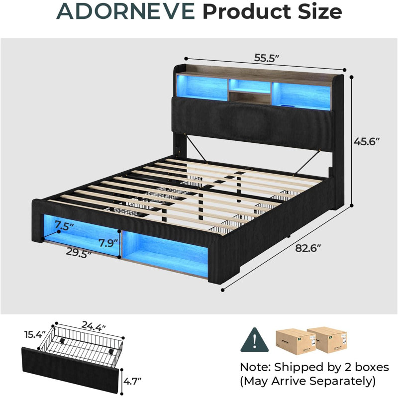 Full Upholstered Bed Frame With Spacious Storage Headboard, 5 Open Shelves, 2 Footboard Cubbies, Rgb Lights & Charging Station, No Box Spring Needed, Black