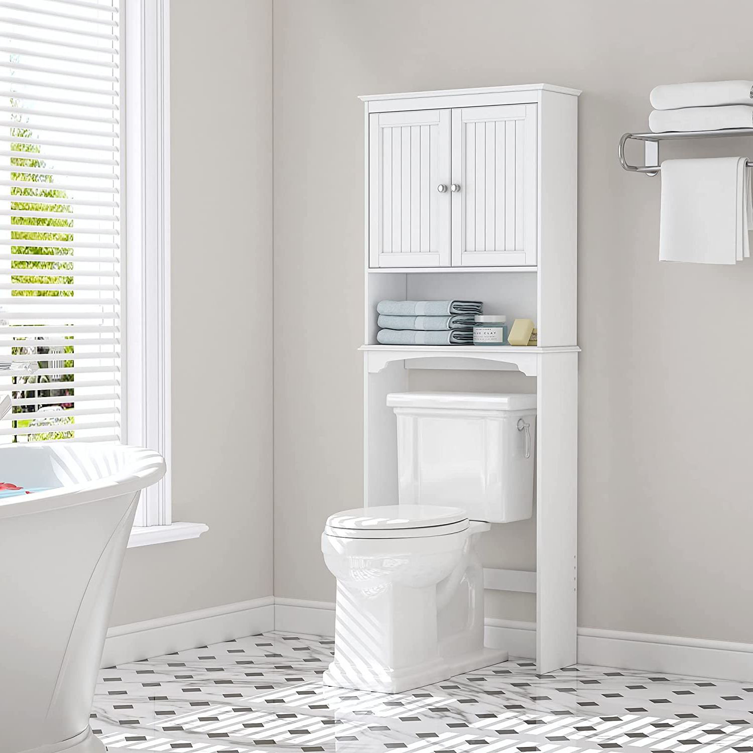 White Bathroom Space Saver with 3 Fixed Shelves, Mainstays Over The Toilet Storage