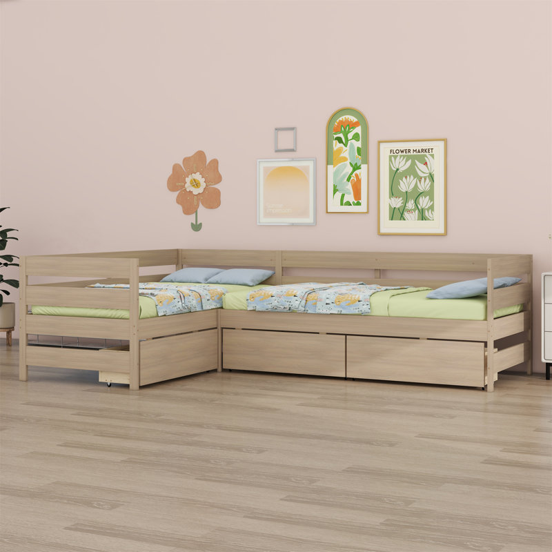 Lit plateforme en L avec trois tiroirs de rangement, Naturel