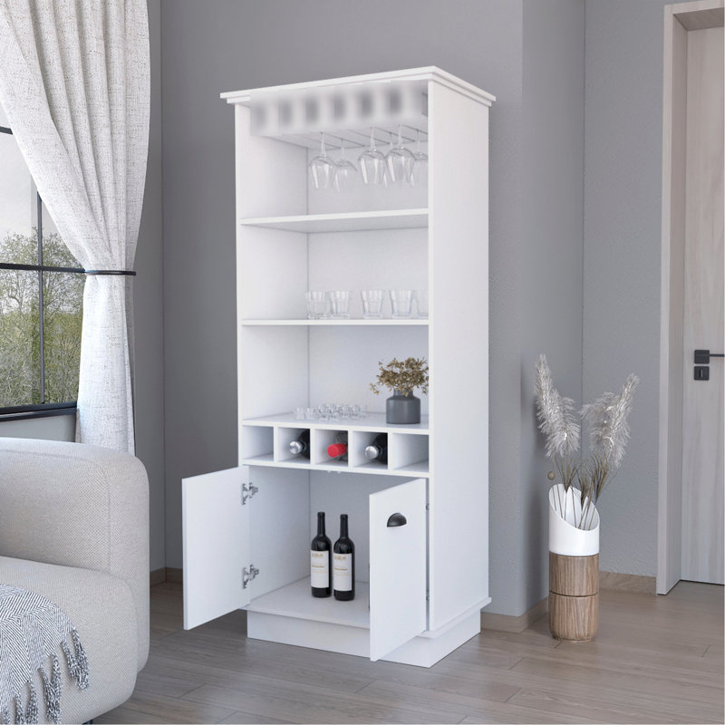 Bar blanc avec rangement pour bouteilles efficace - 3 tablettes, 5, porte-verres élégant pour la structure de divertissement à domicile