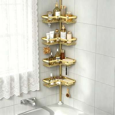 Serviteur de douche à poteau à tension réglable KÉGII, organisateur de salle de bain d'angle à 4 niveaux sans installation de perçage, support de rangement pour salle de bain imperméable, doré