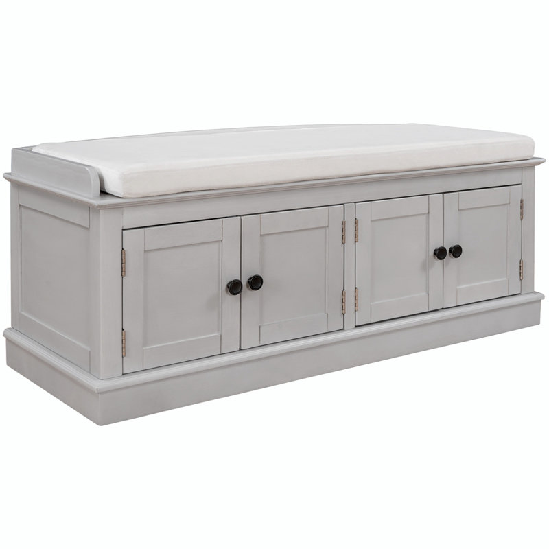 Elegant Storage Bench Entryway Bench Upholstered Bench with 4 Doors and Adjustable Shelves, White