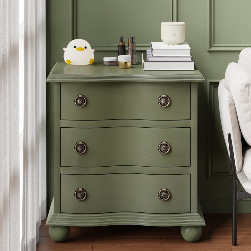 Farmhouse 3 Drawer Nightstand With Curved Front, Green