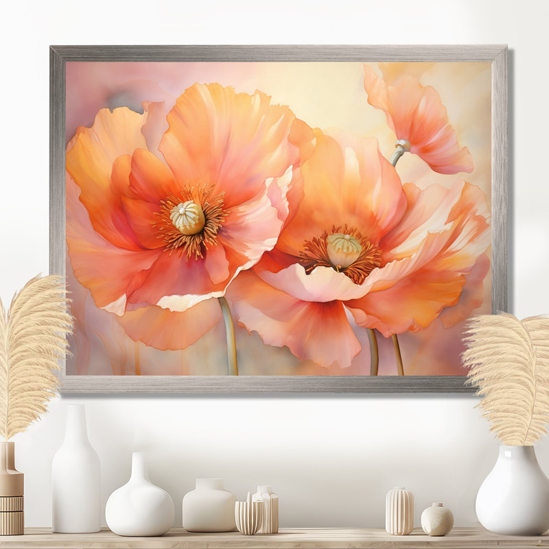Coral Poppies Romantic Impression VI - Art mural de coquelicots pour le salon, 34" H x 44" W, Black Picture Framed