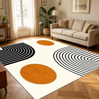 1PC Abstract Minimalist Geometric Curve Line & Burnt Orange Circle area rugs for Living Room, Soft and Comfortable, Suitable for all seasons, easy-to-maintain, machine washable Indoor floor mat, Under Table Farmhouse suitable for dining table,