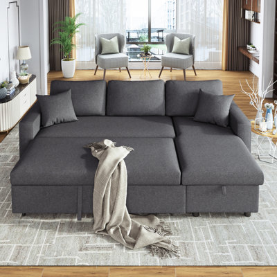 Canapé-lit modulaire rembourré avec rangement, gris, convertible en lit pour personnes supplémentaires, faisant face à droite, taille simple, coussin en mousse haute densité, siège à ressorts hélicoïdaux, 3, accoudoir carré, lit d'invité à dossier coussin,