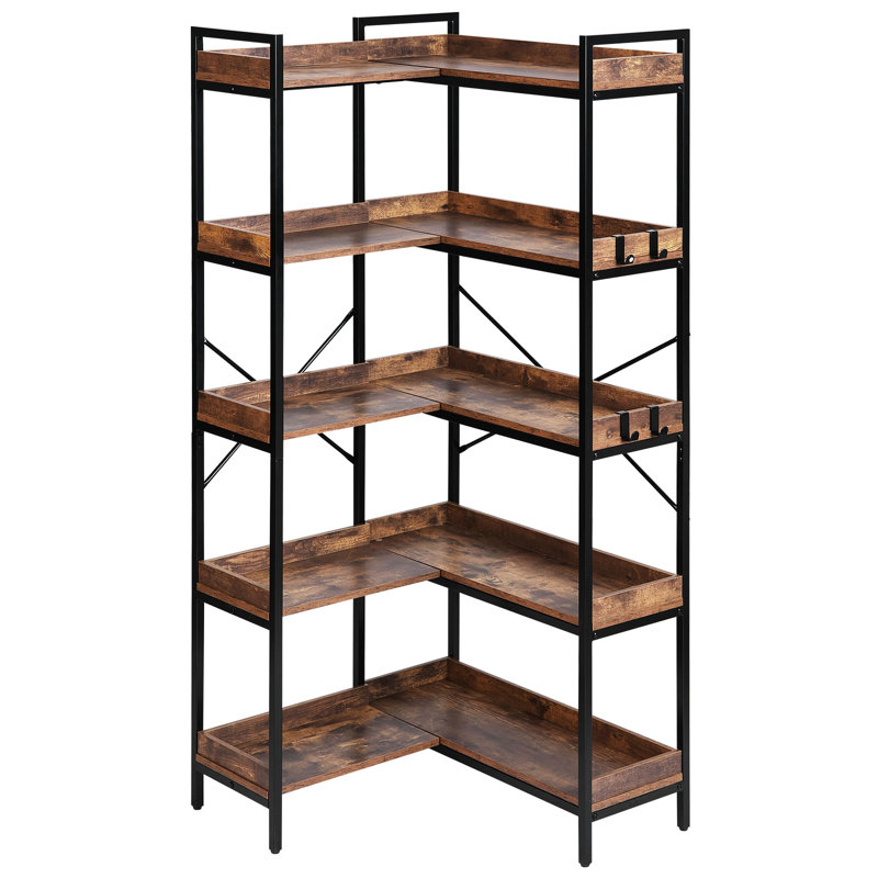 Étagère de coin en L à 5 niveaux, 4 crochets, 2 options d'assemblage, organisation multiple, tablettes épaisses, structure en métal robuste, barres de stabilité en forme de X, bibliothèque pour appareils, ou assemblage droit, pour