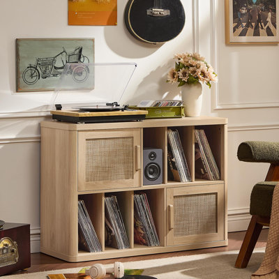Large Record Player Stand with Vinyl Storage Up to 450 Albums, Wood Rattan Boho Record Storage Accent Cabinet, Modern Stereo Media Cabinets, Wide Turntable Stand for Living Room