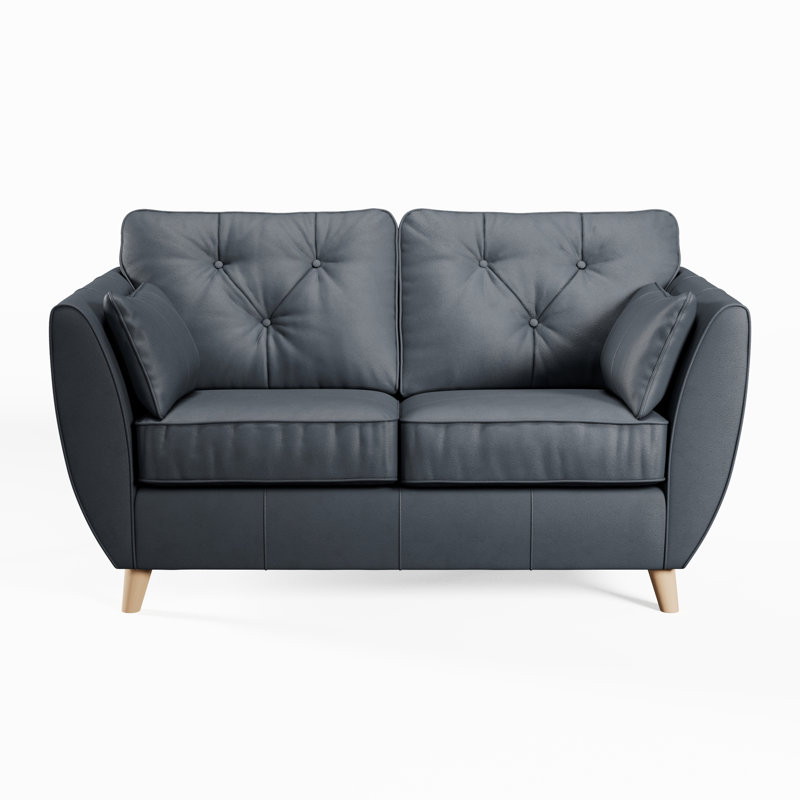 Marylin 2 Seater Leather Tufted Sofa, Navy, Light Wood