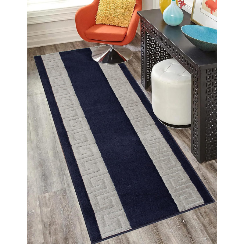 Custom Size Rug Meander Navy Blue Medium Pile Slip Resistant by Feet, Runner 2'2" x 30'