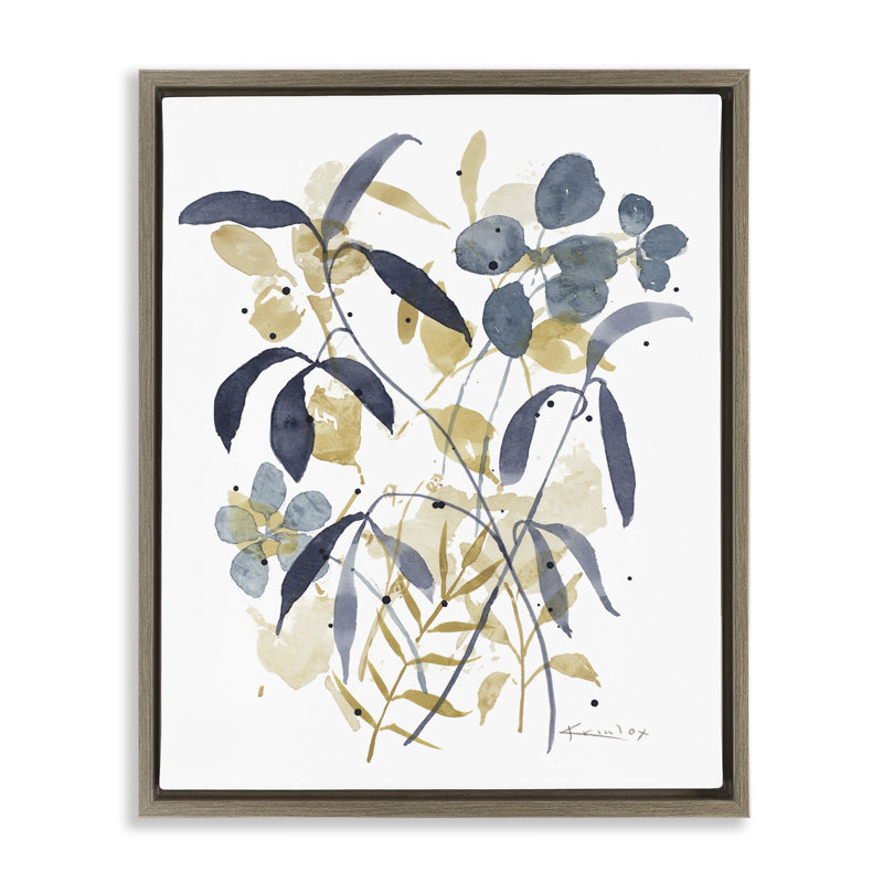 Cadre flottant bleu et jaune Impressions de plantes, design par Krinlox, H 31 po x l 25 po, Cadre flottant orme Montalcino