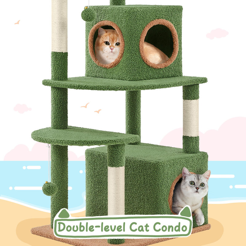 59In Palm Cat Tree, Cute Cat Tower W/Green Palm Frond, Spacious Platform, Double-Level Cat Condo, Scratching Posts, Fluffy Balls For Cat Kitty, Multi-Level Large Cat Tree For Indoor Cats