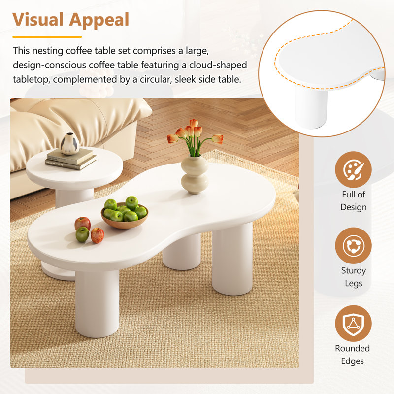 Easy Assembly Nesting Coffee Table Set of 2, Cream Style Cloud Coffee Table with Round Small Side Table, Irregular Centre Table with Thick Legs for Living Room, 39.3''x 13.7'',F15.7''