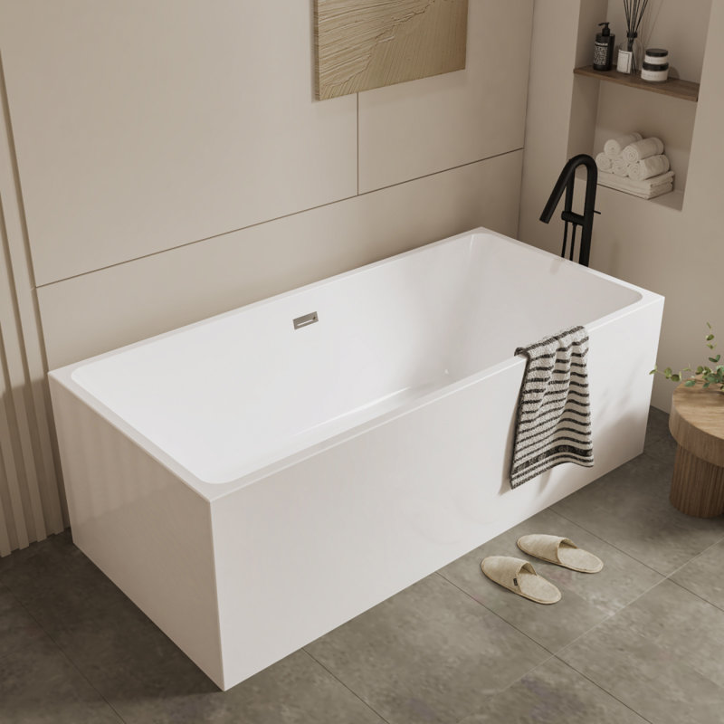 Baignoire en acrylique, rectangulaire, drain chromé, trop-plein de conception linéaire, facile à installer, certifiée Cupc