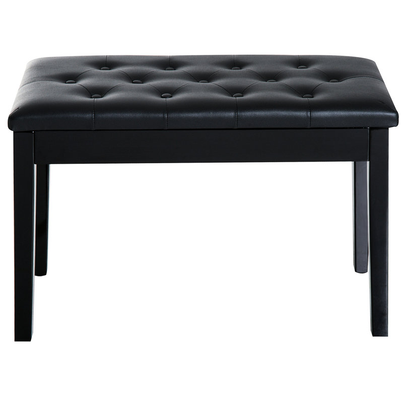 Black Duet Piano Bench With Faux Leather Padding And Wooden Structure Keyboard Cushion Solid Frame For Duets